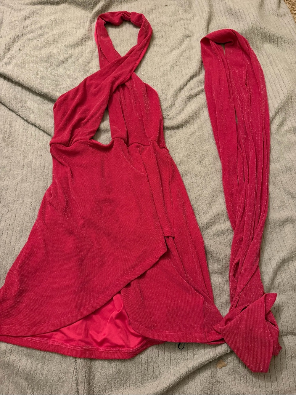 SHEIN Hot Pink Sparkle Halter Mini Dress